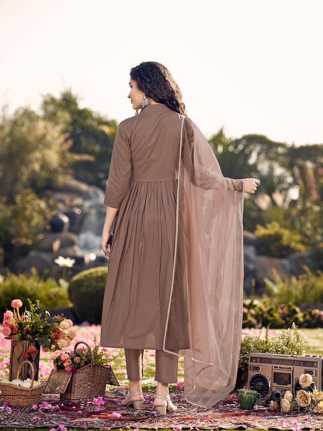 Brown Cotton Gathered Kurta Set With Dupatta & Yoke Embroidery